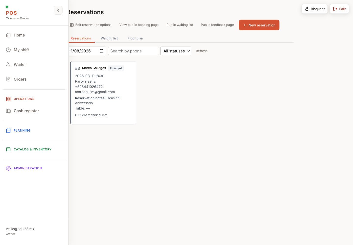 Panel interno de reservas